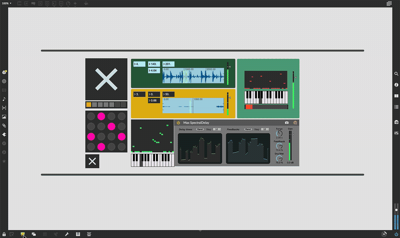 A Max/MSP patch with controllers, waveform displays and spectral delay