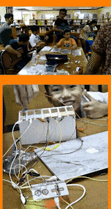 Students making music with keyboards and controllers at a workshop